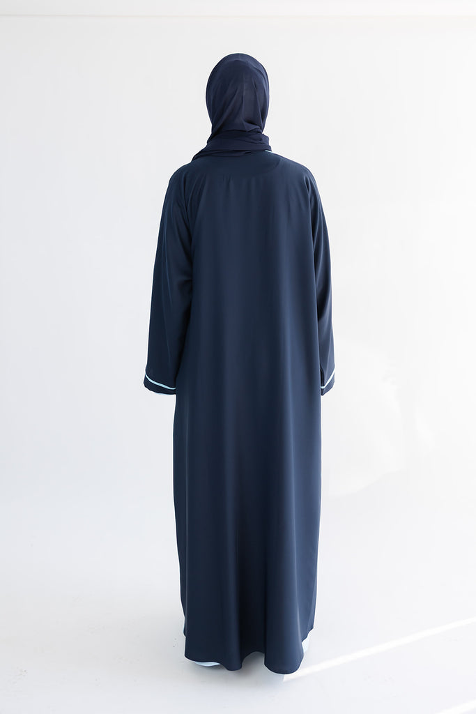 Premium Navy Open Abaya – Blue Line Border Design with Pocket