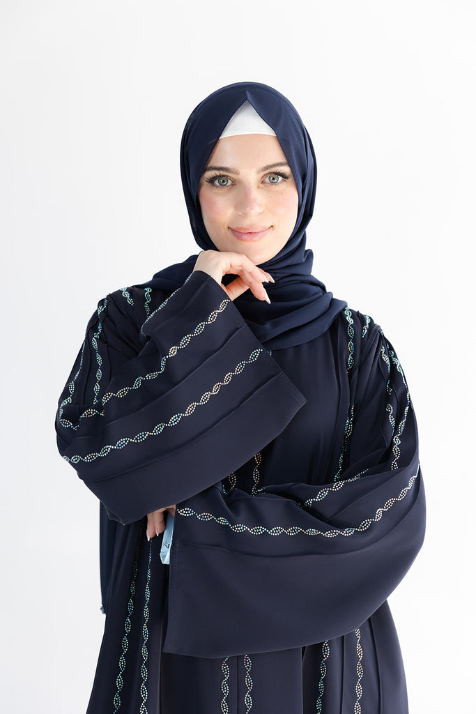 Navy Open Abaya – Luxury Nida Fabric with Helix Diamante Detailing