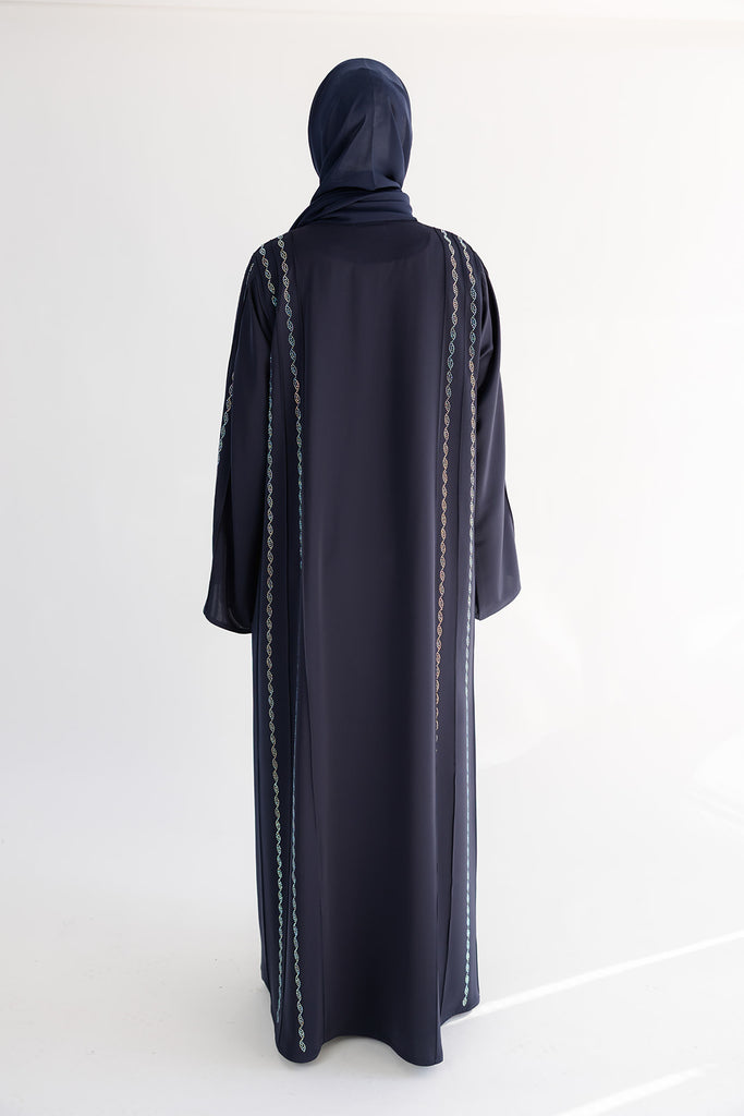 Navy Open Abaya – Luxury Nida Fabric with Helix Diamante Detailing