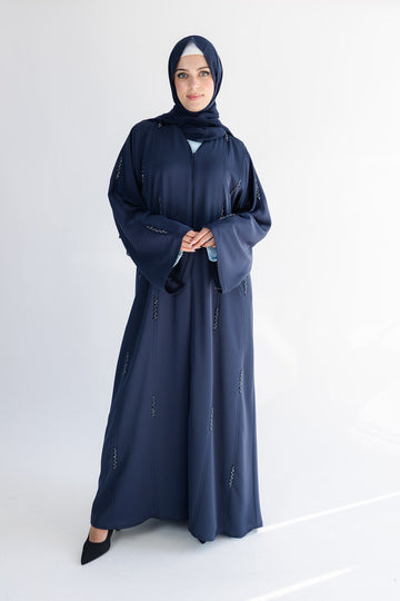 Navy Luxury Beaded Embellishments Open Abaya