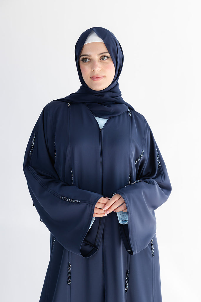 Navy Open Abaya – Luxury Beaded Embellishment Design