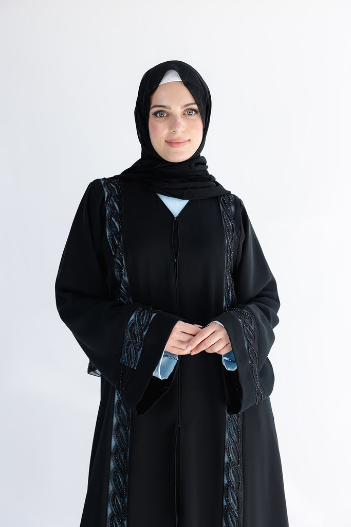 Black Open Abaya – Luxury Twisted Lace Embellished Design