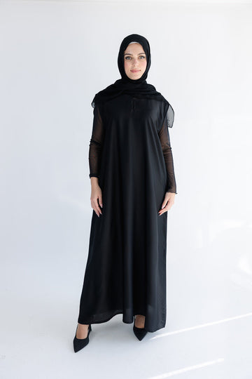 Black Ripple Satin Polyester Sleeveless Slip  Dress