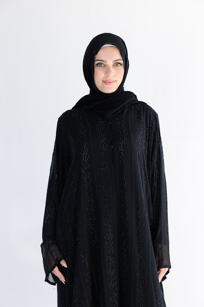 Black Open Abaya – Luxury Chiffon Design with Black Stonework
