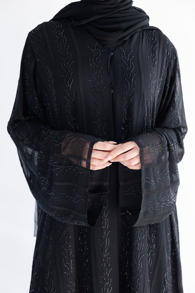 Black Open Abaya – Luxury Chiffon Design with Black Stonework