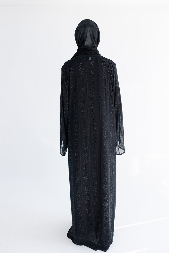 Black Open Abaya – Luxury Chiffon Design with Black Stonework