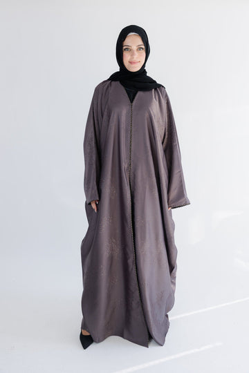 Mauve Luxurious Patterned Embroidered Open-Front Batwing Abaya