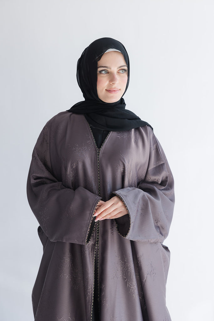 Mauve Open Abaya – Luxurious Patterned Embroidered Batwing Design