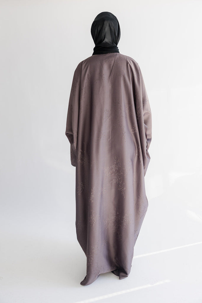 Mauve Open Abaya – Luxurious Patterned Embroidered Batwing Design
