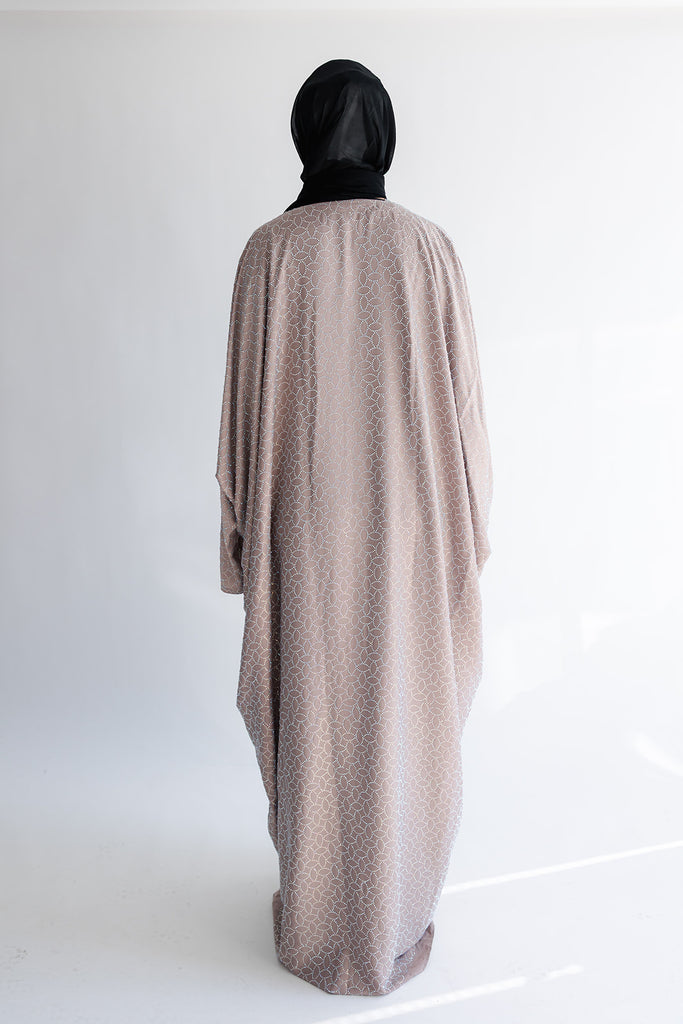 Dark Nude Open Abaya – Geometric Batwing Design with Contrast Detailing
