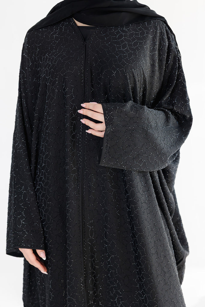 Black Open Abaya – Geometric Batwing Design with Contrast Detailing