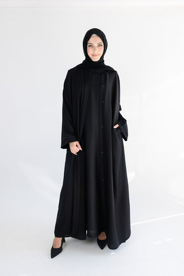 Premium Black Line Border Open Abaya with Pocket & Matching scarf