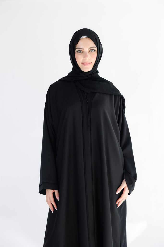 Premium Black Open Abaya – Line Border Design with Pocket and Matching Scarf