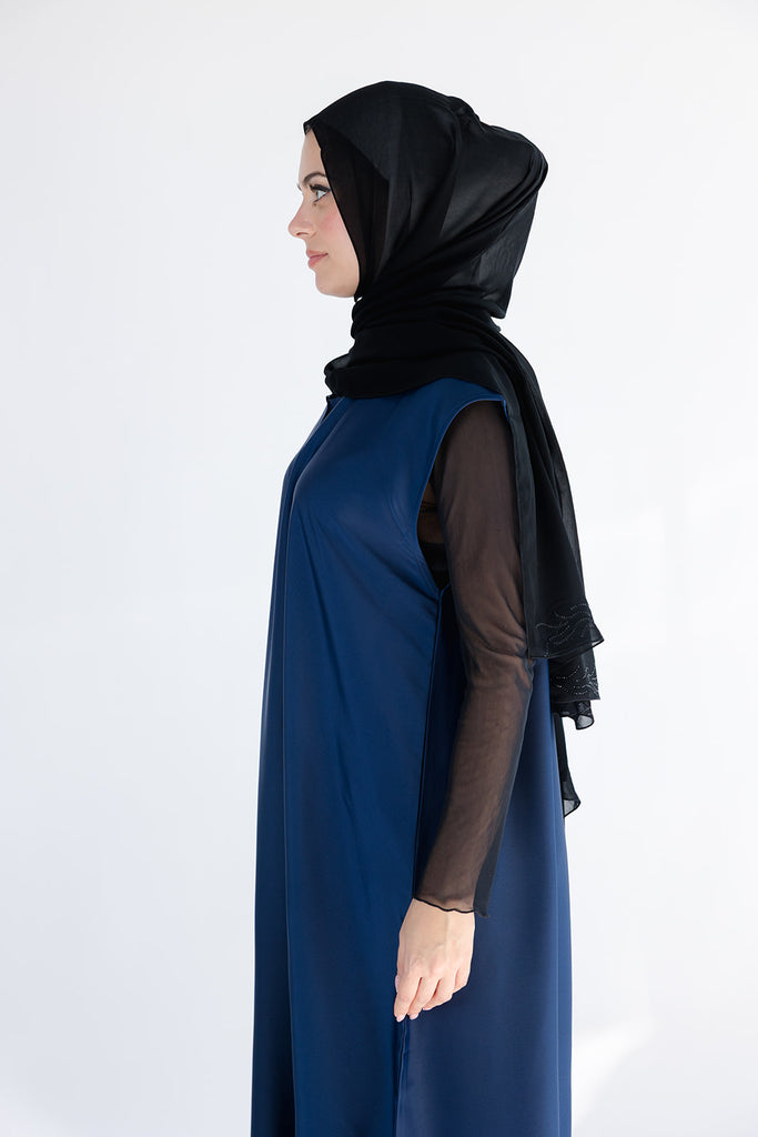 Navy Ripple Satin Polyester Sleeveless Slip  Dress