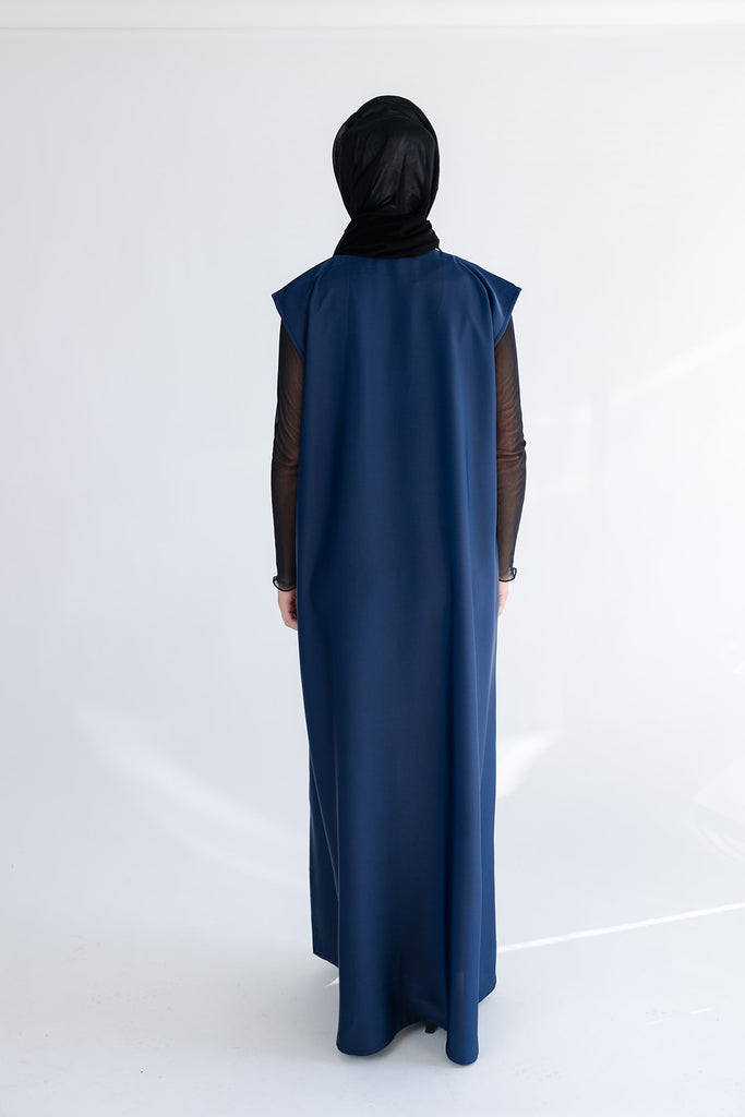 Navy Ripple Satin Polyester Sleeveless Slip  Dress