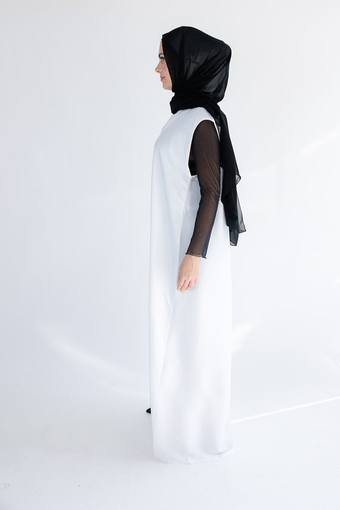 White Ripple Satin Polyester Sleeveless Slip  Dress