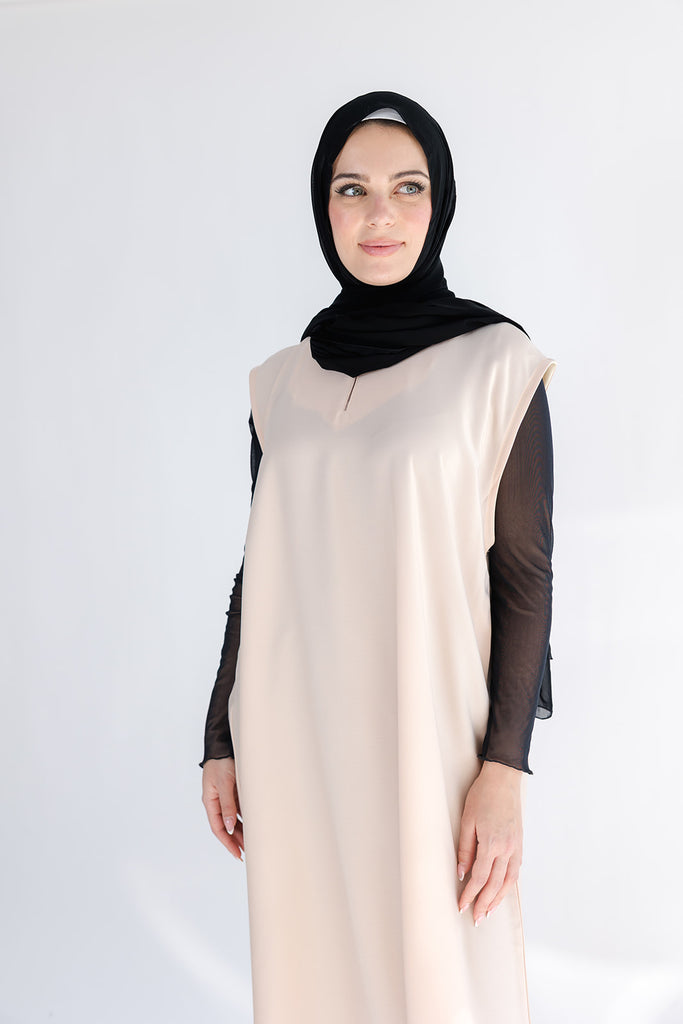 Cream Ripple Satin Polyester Sleeveless Slip  Dress