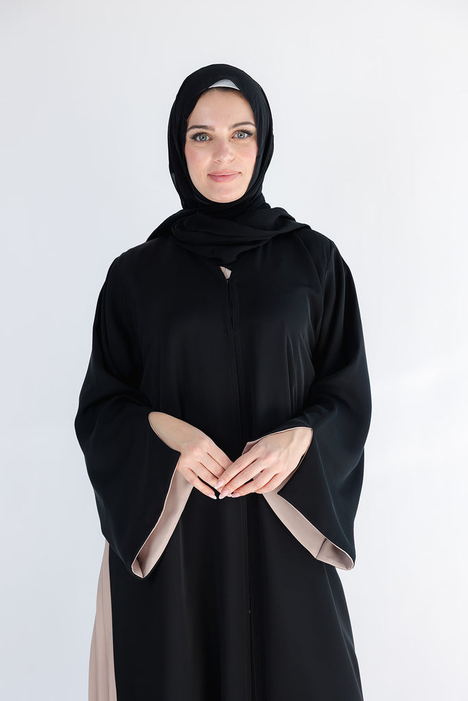 Black Open Abaya – Premium Lateral Beige Pleated Design