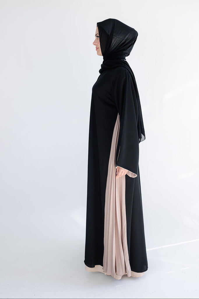 Black Open Abaya – Premium Lateral Beige Pleated Design