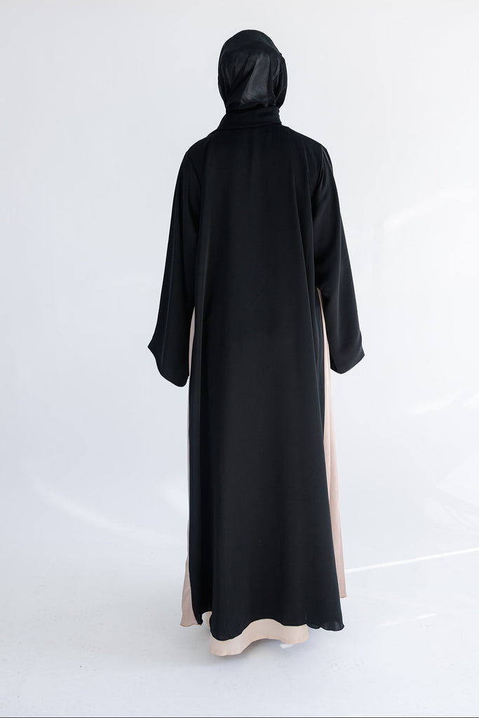 Black Open Abaya – Premium Lateral Beige Pleated Design