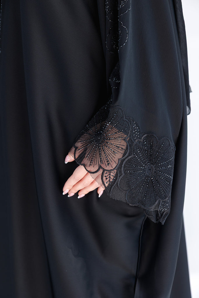 Black Farasha Open Abaya – Ripple Satin Fabric with Lace and Stonework Detailing