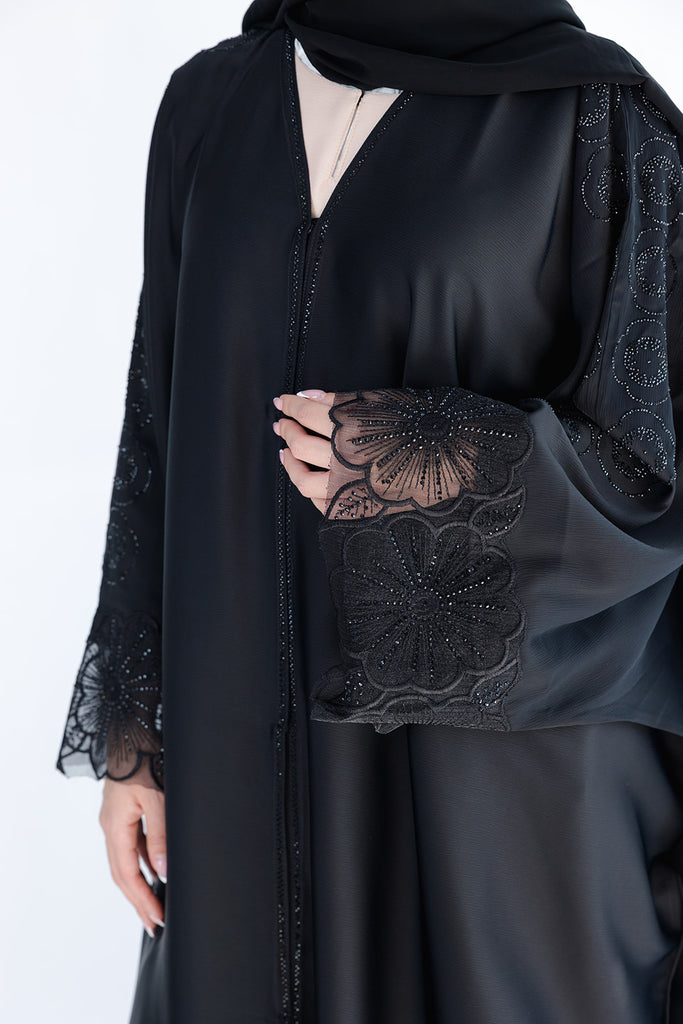 Black Farasha Open Abaya – Ripple Satin Fabric with Lace and Stonework Detailing