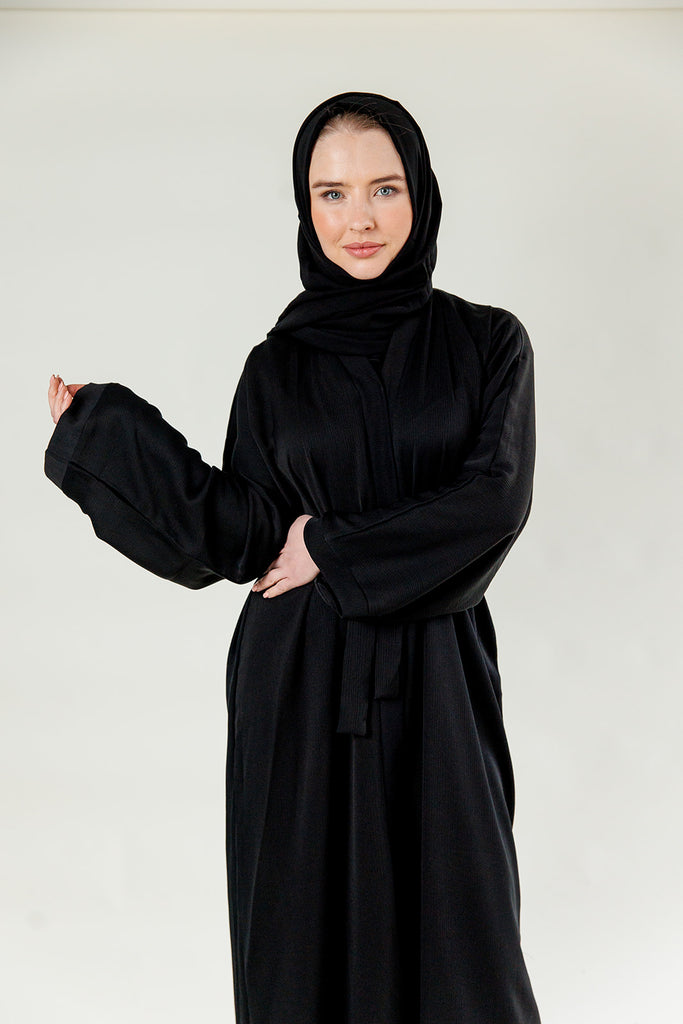 Black Open Abaya – Plain Design with Textured Finish