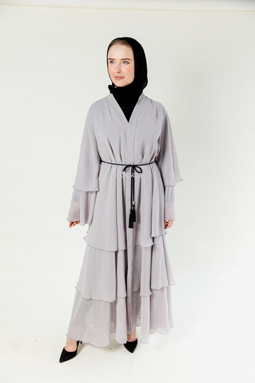 Grey Chiffon Layered Open Abaya