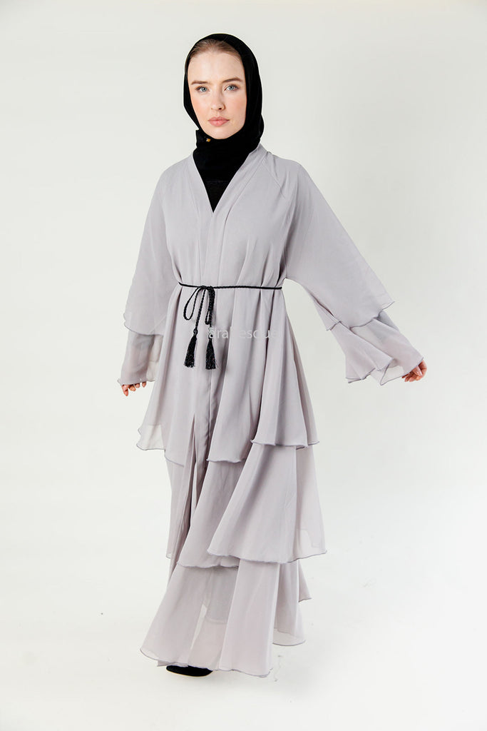 Grey Chiffon Layered Open Abaya