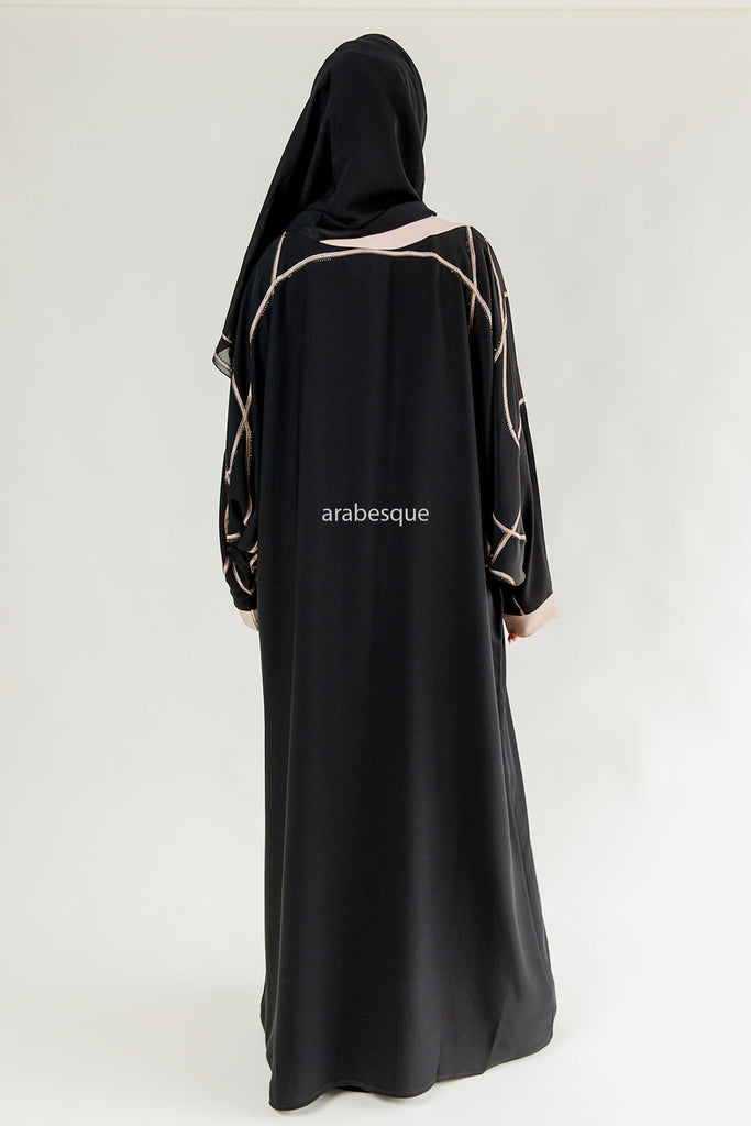 Black Farasha Abaya – Closed Design with Light Gold Embroidered & Diamanté Detailing