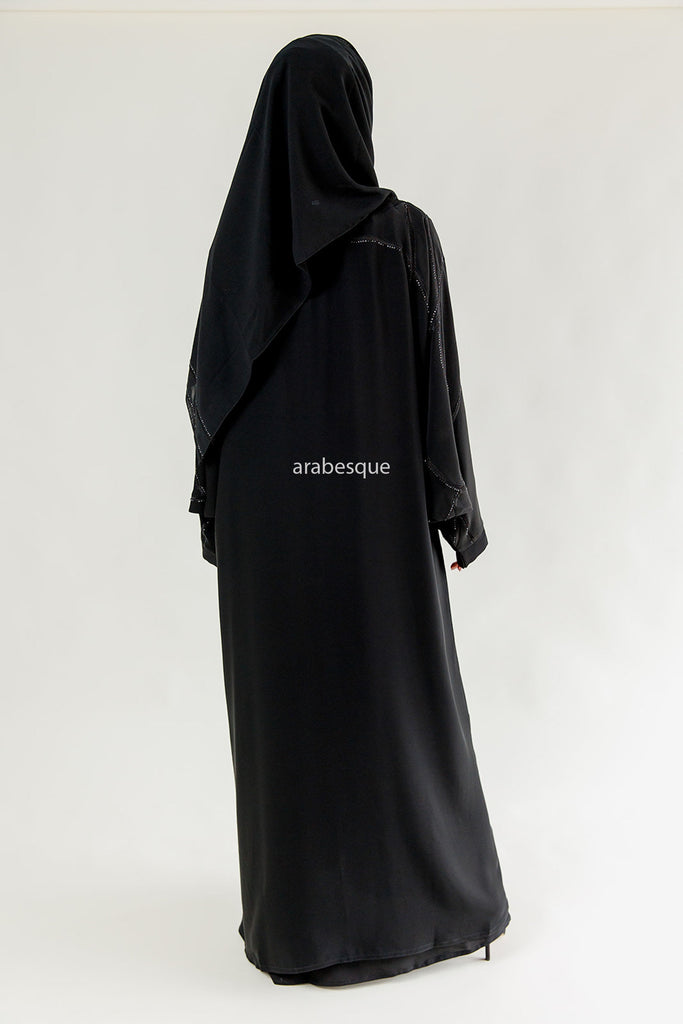 Black Farasha Abaya – Open Design with Black Embroidered & Diamanté Detailing