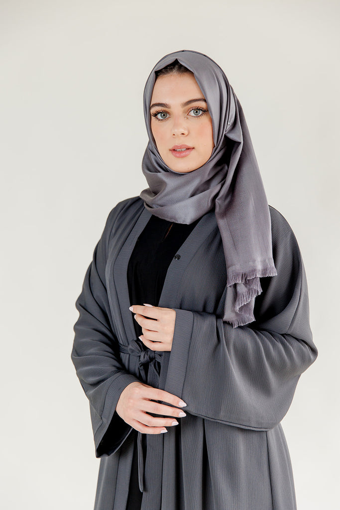 Grey Open Abaya – Plain Design with Textured Finish