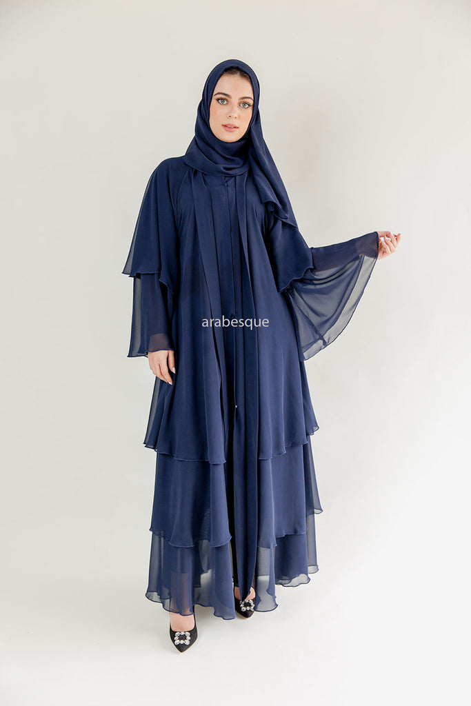 Navy Chiffon Layered Open Abaya