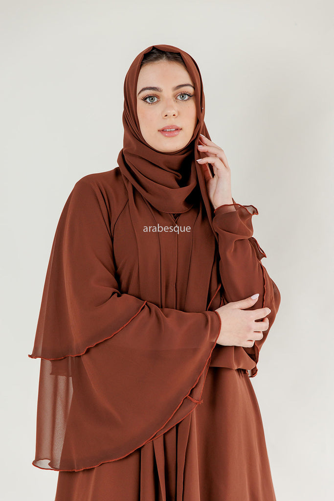 Brown Chiffon Layered Open Abaya