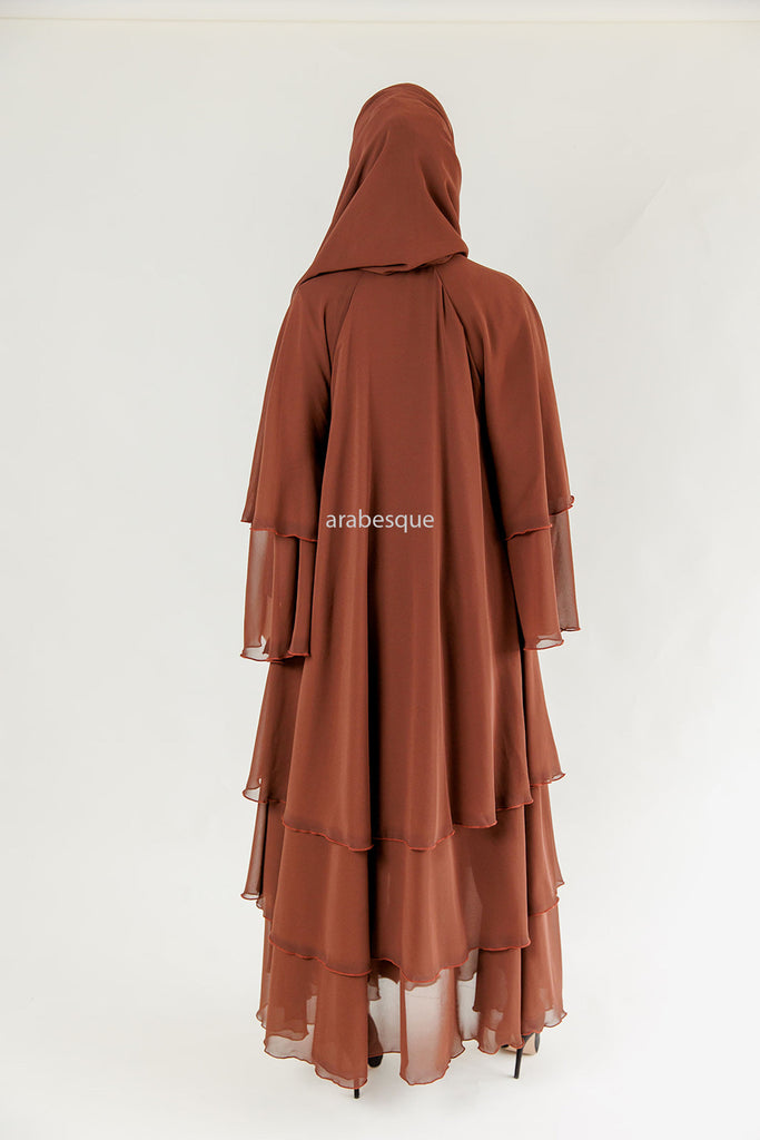 Brown Chiffon Layered Open Abaya
