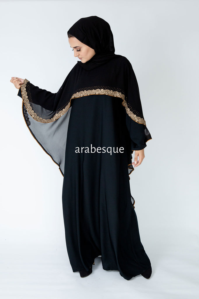 Black Closed Abaya – Chiffon Cape Design with Lace Embellished Detailing