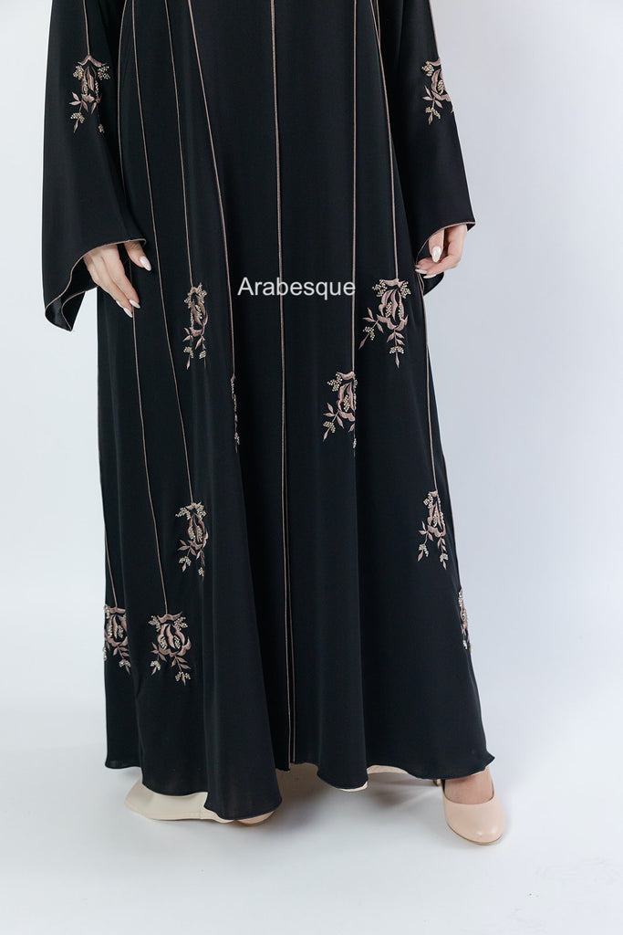 Luxury Black Open Abaya – Striped Embroidery with Floral Beaded Detailing