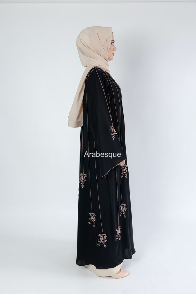Luxury Black Open Abaya – Striped Embroidery with Floral Beaded Detailing
