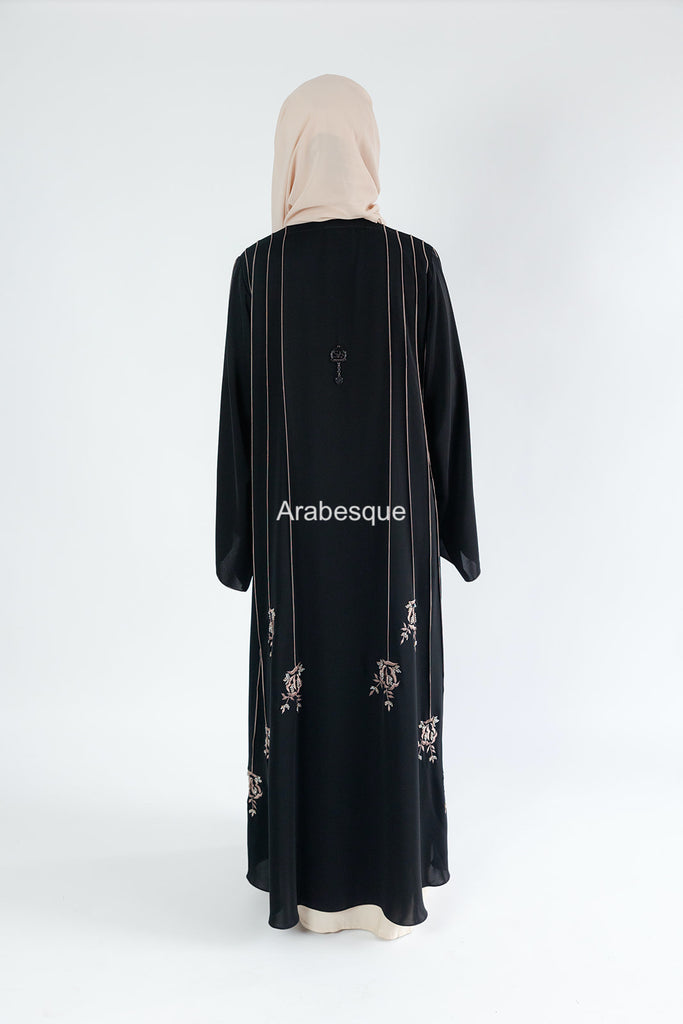 Luxury Black Open Abaya – Striped Embroidery with Floral Beaded Detailing
