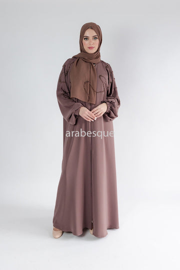 Luxury Taupe Brown Beaded Front Detail Open Abaya with Elastic Sleeve