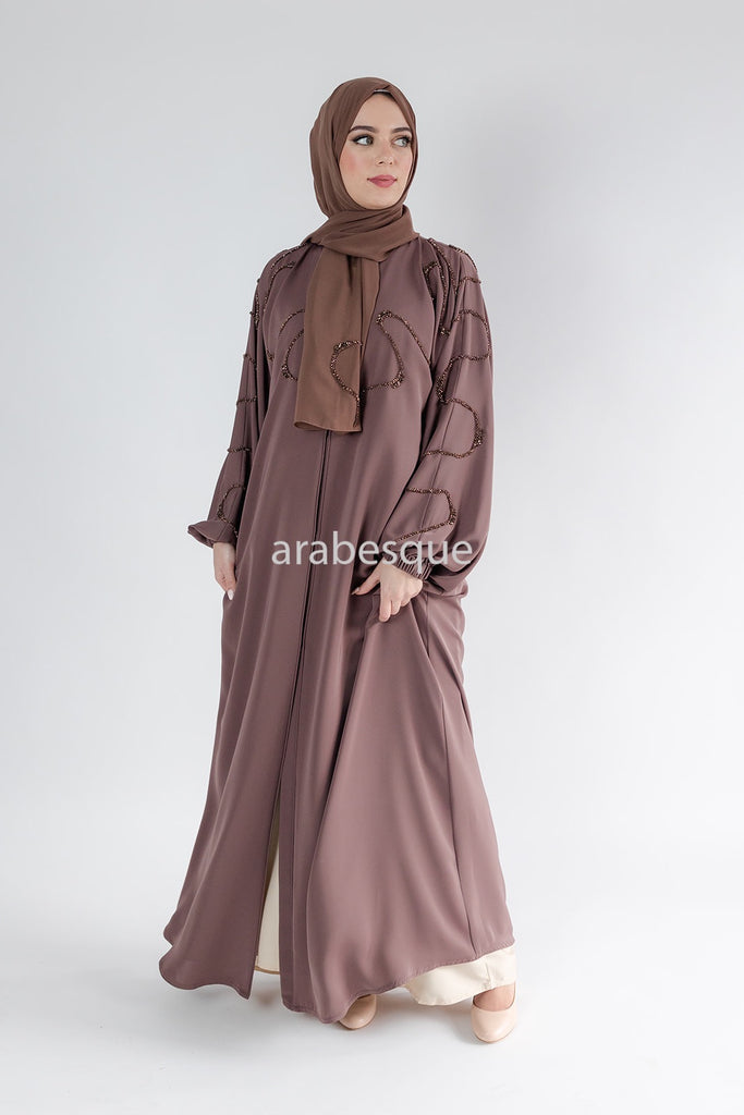 Taupe Brown Open Abaya – Luxury Beaded Front Design with Elastic Sleeves