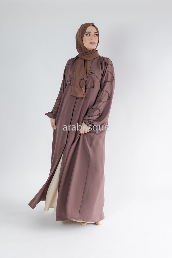 Taupe Brown Open Abaya – Luxury Beaded Front Design with Elastic Sleeves