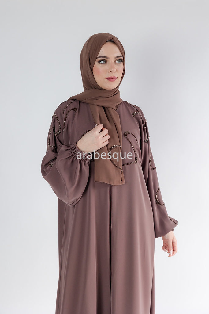 Taupe Brown Open Abaya – Luxury Beaded Front Design with Elastic Sleeves