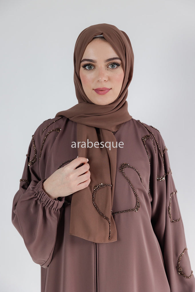 Taupe Brown Open Abaya – Luxury Beaded Front Design with Elastic Sleeves