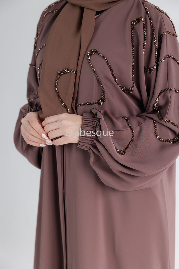 Taupe Brown Open Abaya – Luxury Beaded Front Design with Elastic Sleeves
