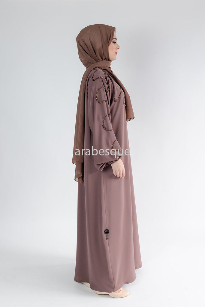Taupe Brown Open Abaya – Luxury Beaded Front Design with Elastic Sleeves