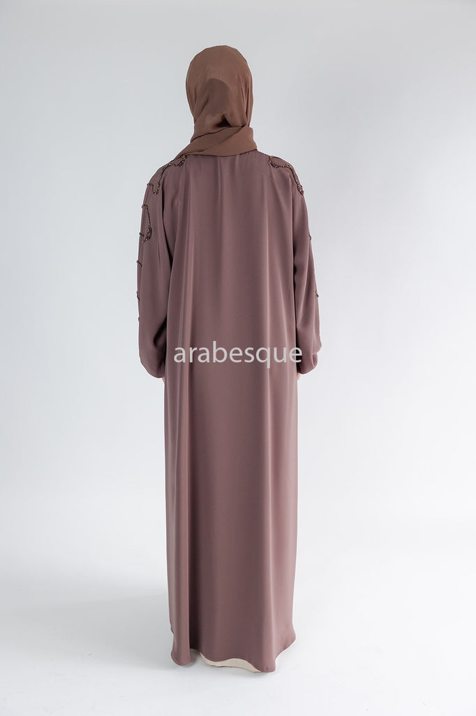 Taupe Brown Open Abaya – Luxury Beaded Front Design with Elastic Sleeves