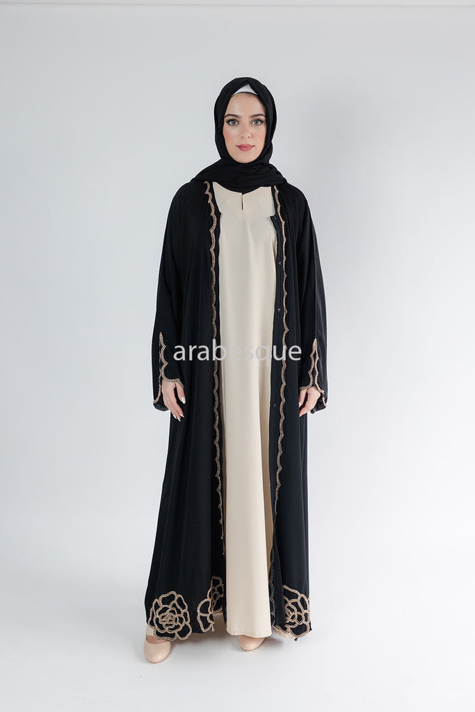 Black Open Abaya – Luxury Embellished Design with Golden Beads