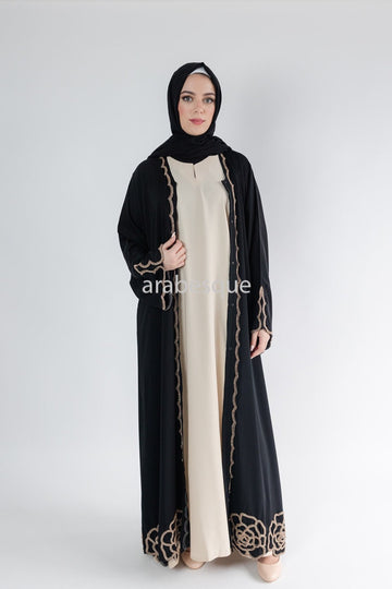 Luxury Embellished Black Open Abaya with Golden Beads