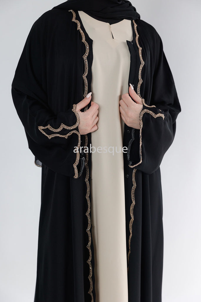 Black Open Abaya – Luxury Embellished Design with Golden Beads